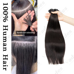 VEDES K Tip Hair Extensions Human Hair Keratin Pre Bonded Hot Fusion Nail Tip Balayage Natural Silky Straight Extensions 50G