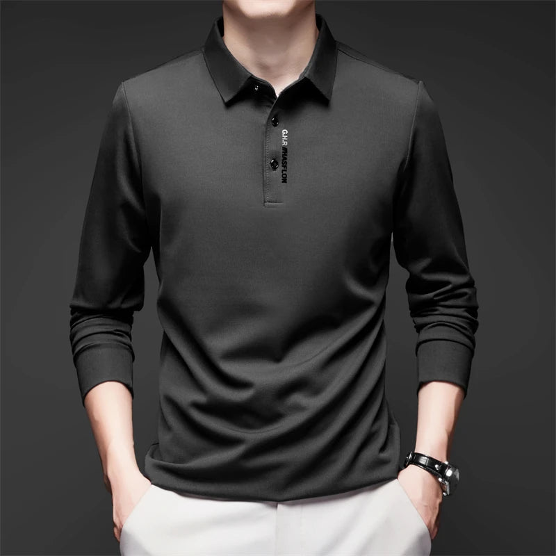 New Men's Business Casual Long Sleeved Shirt with Badge Solid Color Polo Shirt