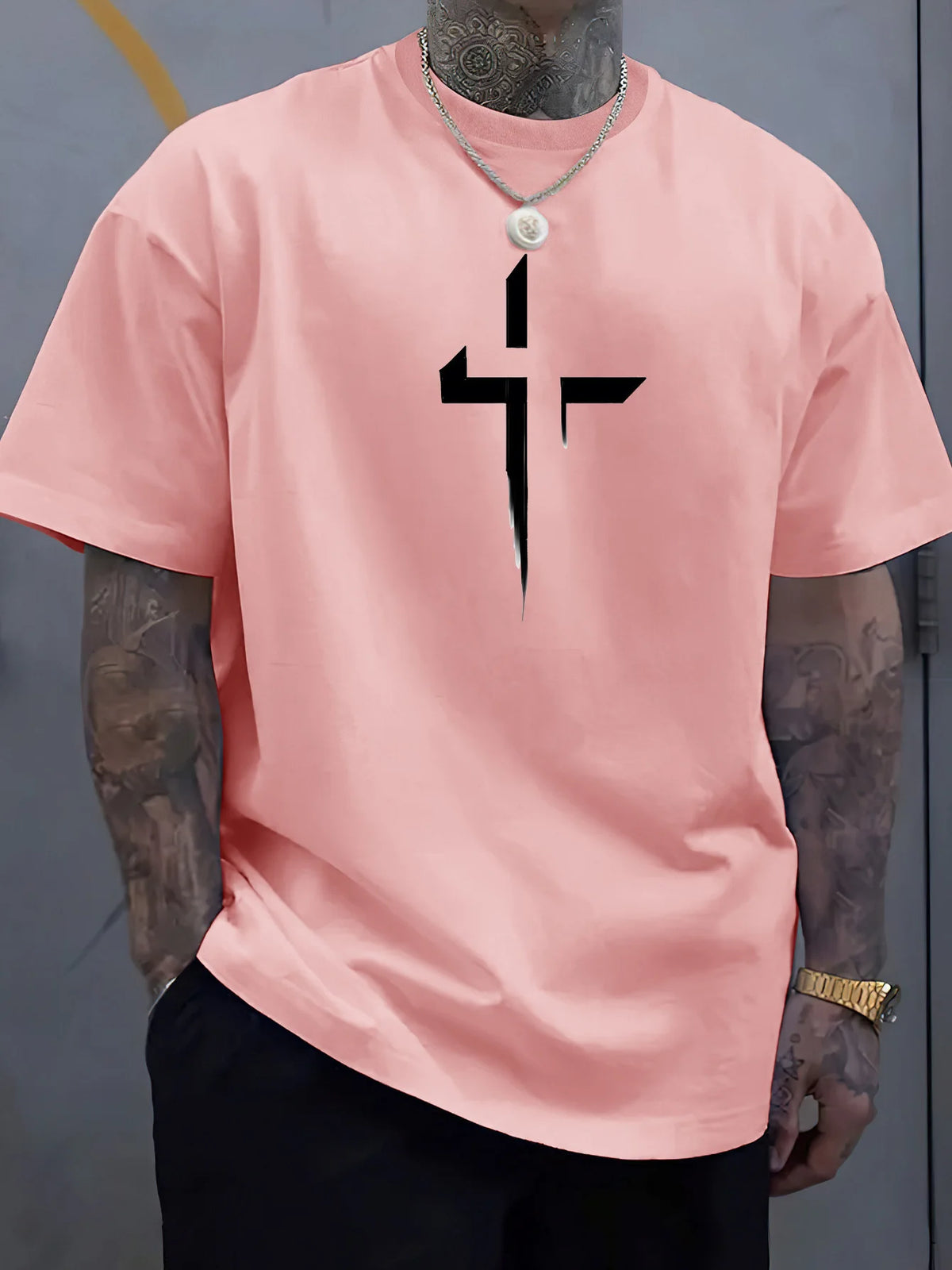 Summer men's 100% pure cotton casual loose plus size Cross Creative printed sports