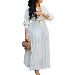 Elegant V Neck Lace-up Belted Party Dresses Women Spring Pleated Dress Autumn Three Quarter Sleeves Office Lady Dress Vestidos