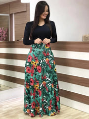 Retro Elegant Commuter Style Polka Dot High Waist  Flower Print Color Matching Short Sleeved Dress