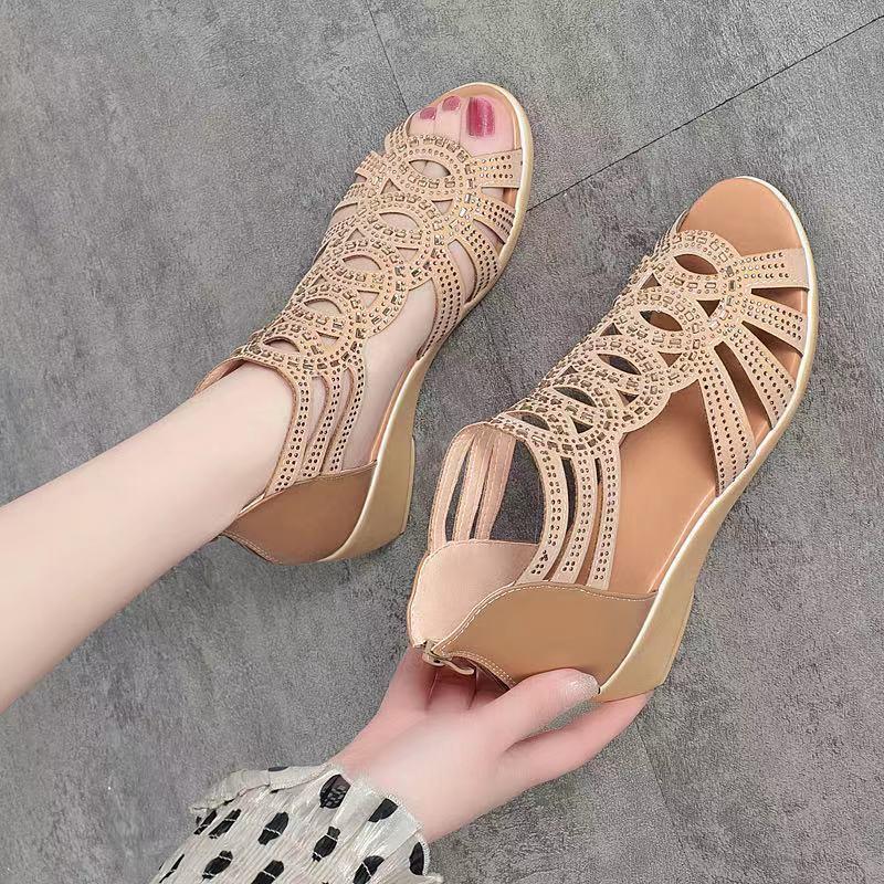Summer Real Soft Pu Leather Roman Sandals Women&#39;s Chunky Heel5cm Mom Shoes Fashion Outerwear Female Sandalia Wedge Women&#39;s Shoes