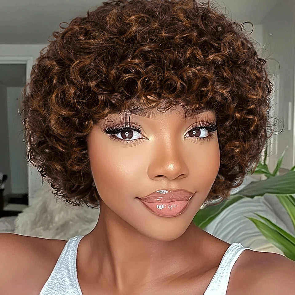 Debut Short Pixie Afro Kinky Curly Wigs for Black Women Glueless Natural Brown Bob Wig With Bangs Brazilian Human Hair Wigs