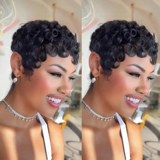 Brazilian Remy human hair Hair Full Machine Wig Curly Pixie Cut Short wig for Women Daily Wear