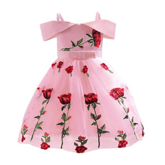 Girls Skirt Fashion Flower Printed Dress Off Shoulder Princess Skirt Children Rose Embroidery Mesh Skirt Frocks
