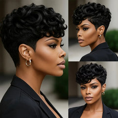 Curly Pixie Cut Wig For Women 100% Human Hair Full Machine-Made Natural Realistic Breathable Rose-Patterned Inner Net Soft Cap