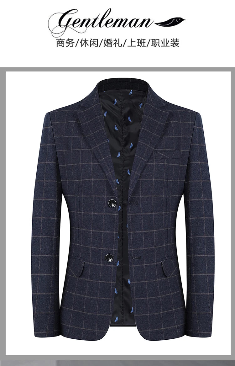 Men's Slim Fit Plaid Blazer Casual Spring Autumn Fashion Polyester Coat Handsome All-Matching Suit for Middle-Aged