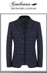 Men's Slim Fit Plaid Blazer Casual Spring Autumn Fashion Polyester Coat Handsome All-Matching Suit for Middle-Aged