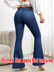 [Printed Pants - Not Faux Denim Fabric]2D Printed Faux Effect, Printed Flared Trousers - ,