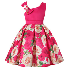 New diagonal shoulder children's dress rose print dress dress Girl party dress festival performance dress ins