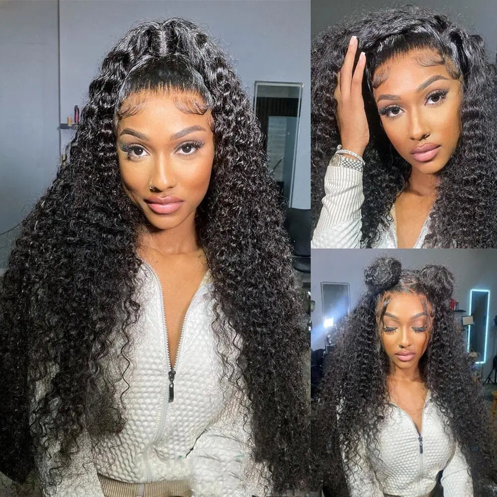 Deep Curly Wave 30 Inch Lace Front Wig Human Hair 13x4 Pre Plucked HD Lace Frontal Wigs For Women 180% Natural Black Brazilian