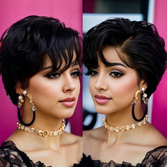 13x4 Lace Front Wig Human Hair Transparent Frontal Wig Pixie Cut Wigs Natural Wave Short Layered with Bangs Wig for Women