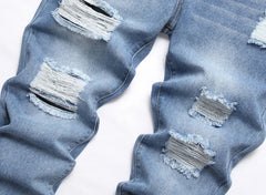 Pencil Pants Men Hole Jeans Mid Waist Skinny Pockets Vintage Ripped