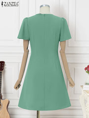 ZANZEA Elegant Women Dresses 2025 Summer  Fashion Short Sleeve Work OL Sundress Casual Party Knee-length Vestido Robe Femme