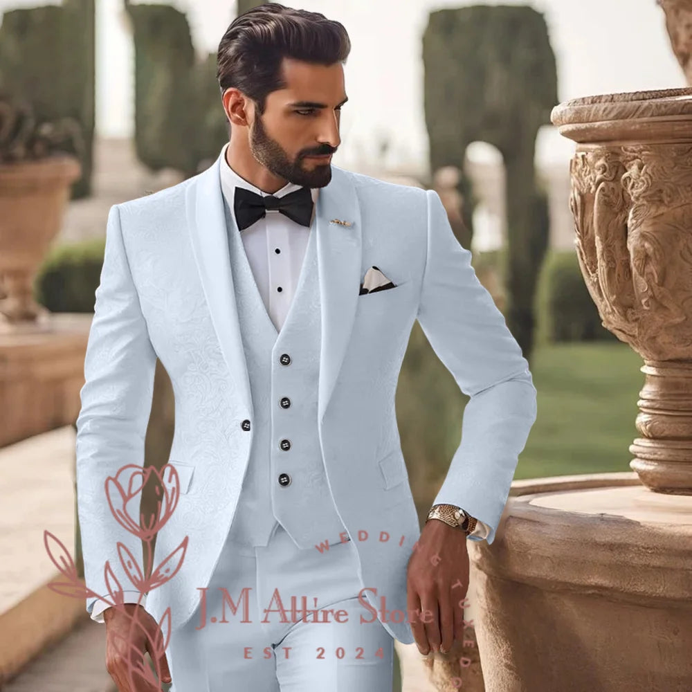 Men's White Jacquard Suit 3pcs Jacket Vest Pants Elegant Formal Fashion Set for Groom Wedding Prom Party Stylish Custom Tuxedo