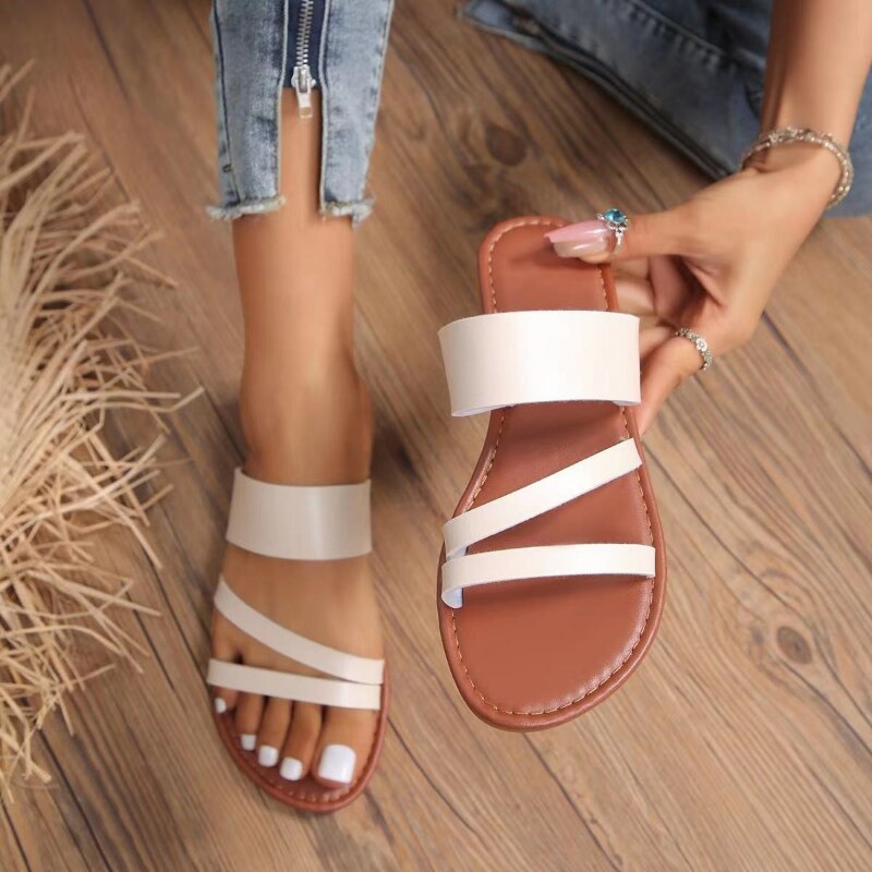 Women&#39;s Slippers Summer Sexy 2023 Leather Open Toe Shoes Outdoor Beach Casual Flat Female Slides Soft Zapatos De Mujer PU1