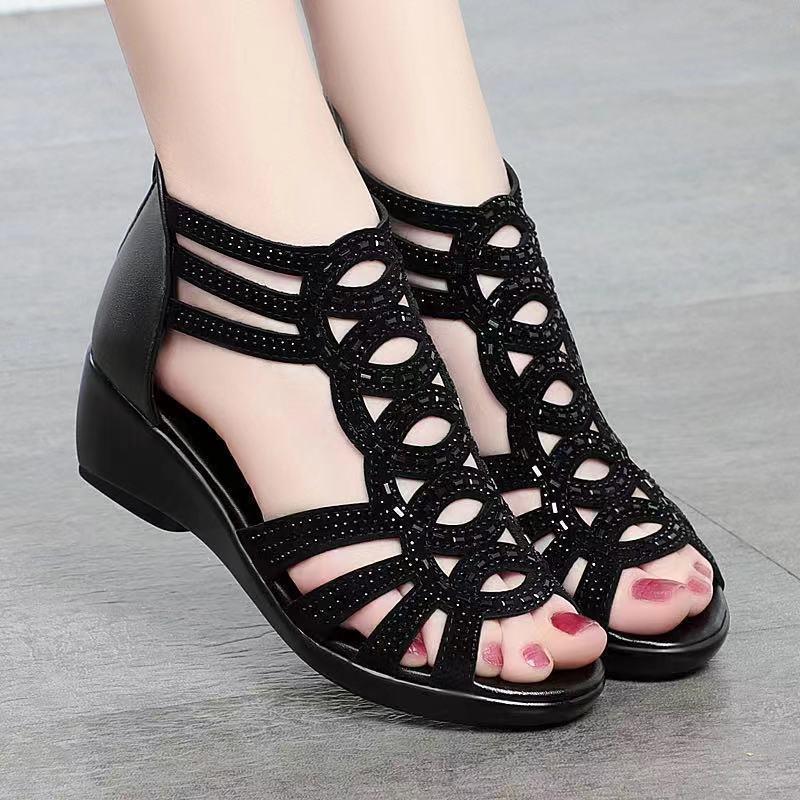 Summer Real Soft Pu Leather Roman Sandals Women&#39;s Chunky Heel5cm Mom Shoes Fashion Outerwear Female Sandalia Wedge Women&#39;s Shoes