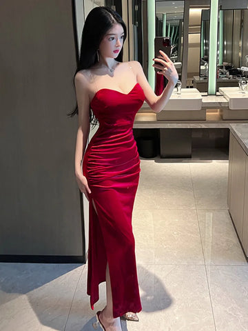 2023 Summer Women's Sexy Temperament ceremonial dress Wrapped Chest backless High Split Velvet Wrapped Hip Red Long