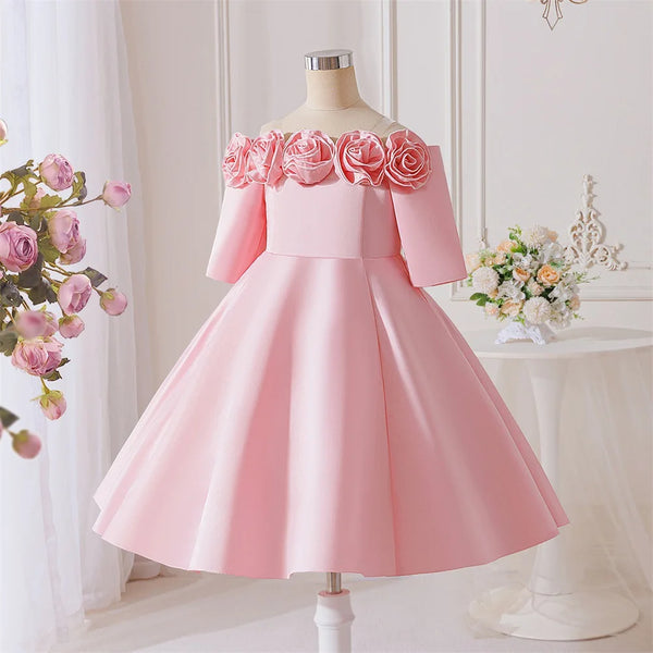 New Girls Pink Knee Length Shoulderless Dress Older Children Shoulder 3D Flower Dress Party Catwalk Evening Dress 8-12Y ASQ03