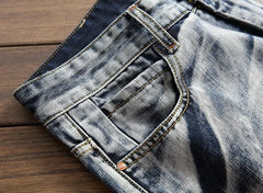 Jeans Men Vintage Distressed Pencil Pants Mid Waist Zipper Pockets Slim Ankle Length Trousers