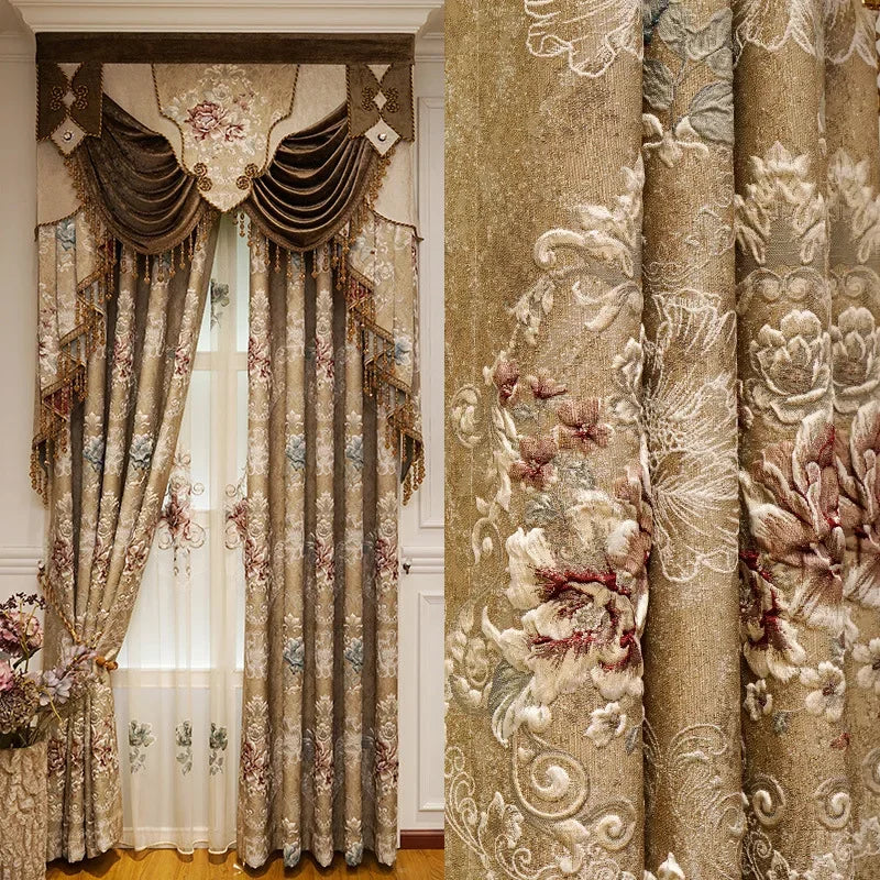 Custom New 3D Embossed Luxury Curtains for Living Dining Room Bedroom European Flower High-end Textured Noble Valance Tulle Cort