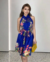 Tropical Print Halter Neck Dress, Vacation Style Backless Dress For Spring & Summer, Women Clothing Women Dress Summer Slimming