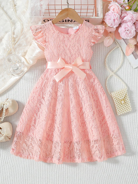Charming Kids Piano Dress – Lace Solid Color with Belt, Elegant Wedding Performance Dress for Girls 3-10 Years