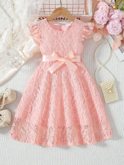 Charming Kids Piano Dress – Lace Solid Color with Belt, Elegant Wedding Performance Dress for Girls 3-10 Years
