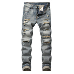 American Fashion Street Style Ripped Skinny Jeans  Street Riding Stretch Slim Fit Straight Pants Patchwork  Denim Trousers Male