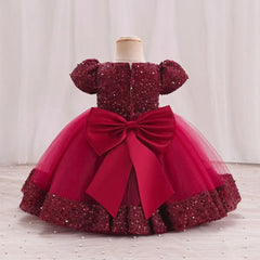 Fashion Puff Sleeve Girls Princess Evening Dress Flower Shiny Glitter Summer Lace Dress Sweet Bowknot Party Dress Skirt Party