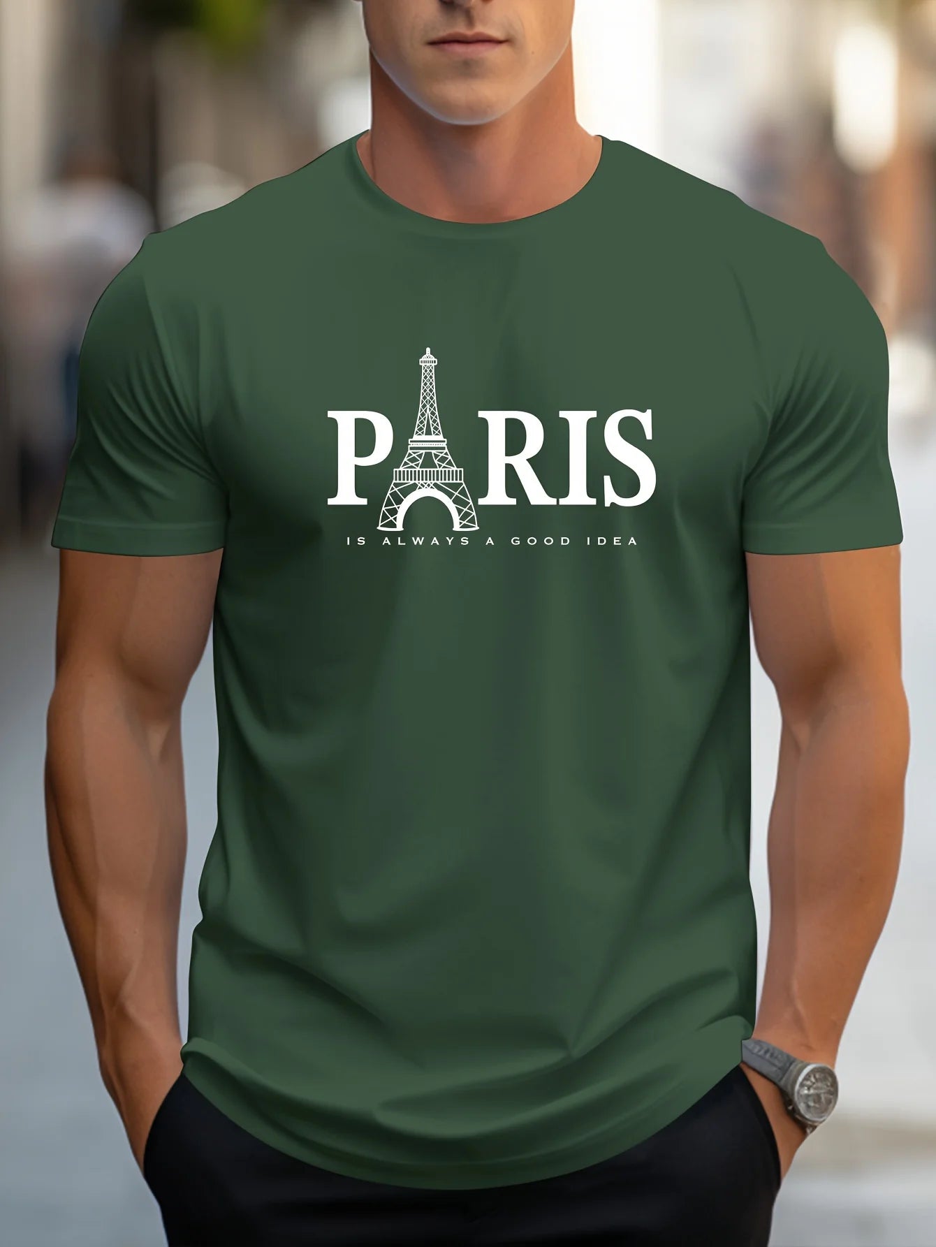 Summer Men's T Shirt Short Sleeve Paris Pattern Print Casual O-Neck Oversized