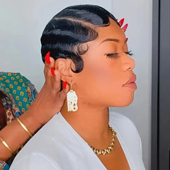 Black Finger Wave Human Hair Wig Short Pixie Cut Wigs Brazilian Human Hair Wigs Finger Ocean Wave Machine Made wig