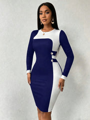 Women's Blue White Color Block Bodycon Dress - Long Sleeve Round Neck Midi Dress with Button Detail, for Office, Work & Formal