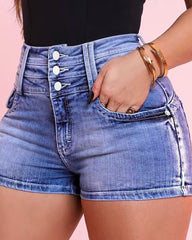 Pocket Detail Buttoned High Waist Denim Shorts Women Fashion Casual Denim Jeans Shorts Pants Sexy Bleached