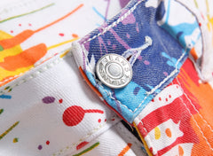 Men's White Jeans in Asian Sizes; Blue-Red-Green-Purple Printed Stretch Denim Pants; Stylish Slim-fit Trousers.