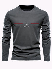 Men's 100% pure cotton loose fit plus size comfortable casual sports Paris letter printed round neck long sleeved T-shirt top
