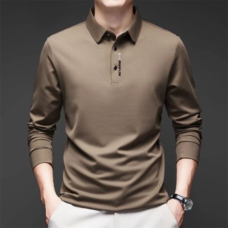 New Men's Business Casual Long Sleeved Shirt with Badge Solid Color Polo Shirt