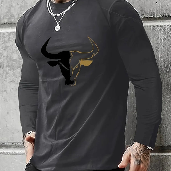 Men's 100% pure cotton loose fit plus size comfortable casual sports bull pattern printed round neck long sleeved T-shirt top