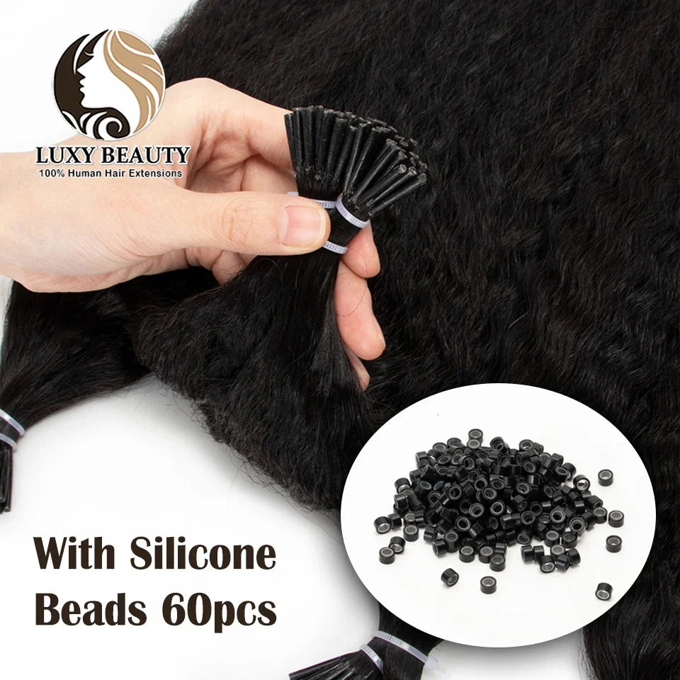 Kinky Straight Microlinks Hair Extensions Human Hair Natural Black Keratin I Tip Nano Ring Hair Extension Silicone Beads 50g/Set