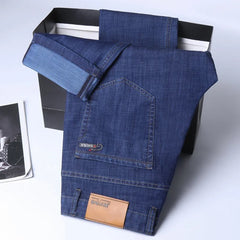 New Ice Silk Thin Denim Jeans For Men Blue Straight Stretch Cotton Pants Business Casual Lightweight Trousers Spring Summer