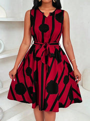 Mini Dress Spring Summer Women Red Black Brush Print Sleeveless Notch Neck Self Tie A-Line Casua dressl