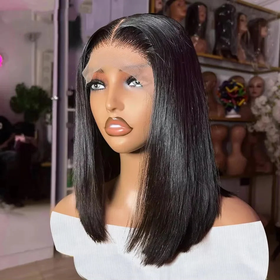 100% Vietnamese Super Double Drawn Bone Straight 13x4 Frontal Bob Wig with Human Hair Natural Black 210% Density For Black Women