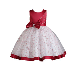 Kids Pearl Detailing Large Bow Floral Tulle Skirt Girls Sleeveless Dress Satin Accented Bodice Satin Hem Children Elegant Outfit