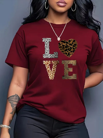 Fashion Love Leopard Print Pattern Women's T-shirt Summer Casual Round Neck Short Sleeved Outdoor Sports Casual Women's Clothing