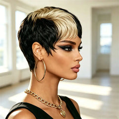 Pixie Cut Short Human Hair Wig Half Black Half Blonde Style Full Machine Made Wig Fashion Easy Wear Great For Women
