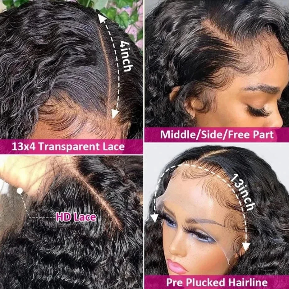 Deep Curly Wave 30 Inch Lace Front Wig Human Hair 13x4 Pre Plucked HD Lace Frontal Wigs For Women 180% Natural Black Brazilian