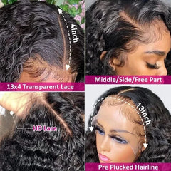 Deep Curly Wave 30 Inch Lace Front Wig Human Hair 13x4 Pre Plucked HD Lace Frontal Wigs For Women 180% Natural Black Brazilian