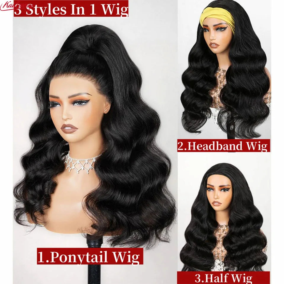 Body Wave 3 In 1 Half Wigs Human Hair Invisible Hairline Flip Over Glueless Wigs Human Hair 220% Density Beginner Friendly