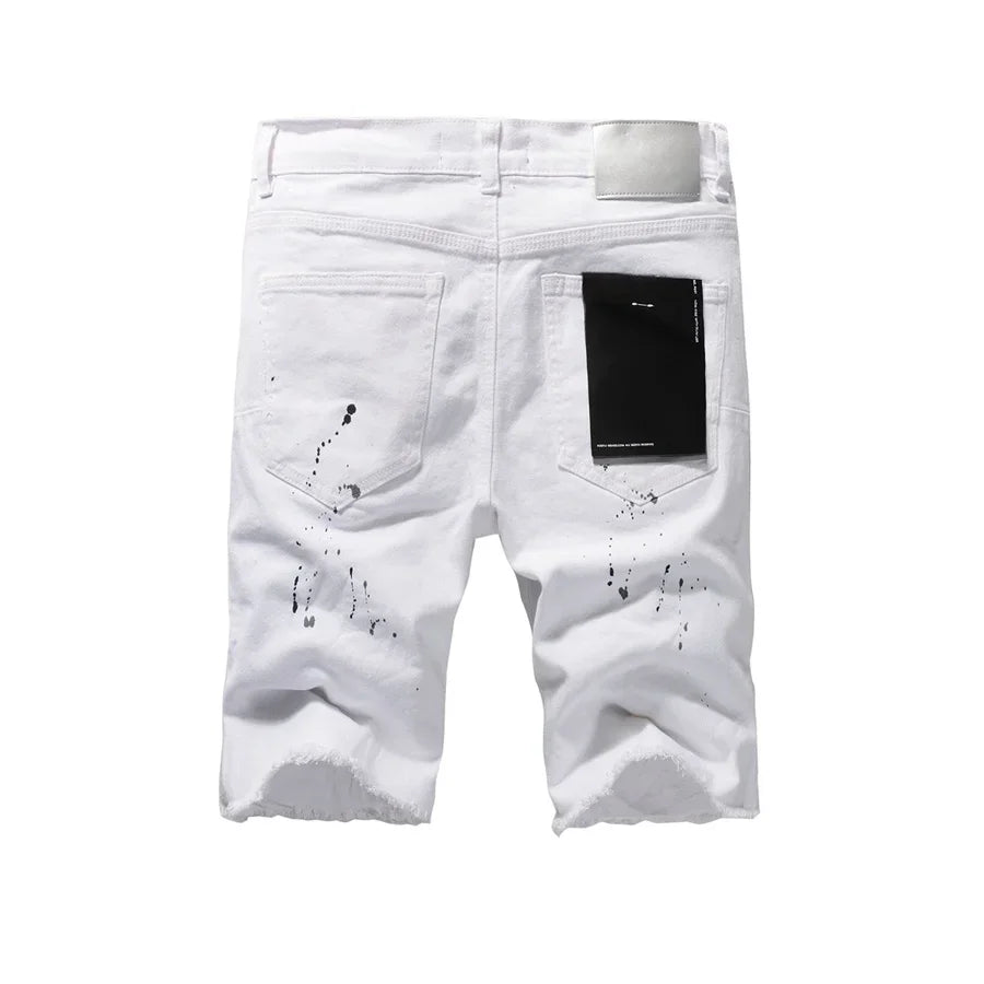 Top quality New Purples Jeans Men Trendy Elastic Edged Middle brands Pants Irregular white Color Washed Denim Shorts pants