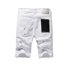 Top quality New Purples Jeans Men Trendy Elastic Edged Middle brands Pants Irregular white Color Washed Denim Shorts pants